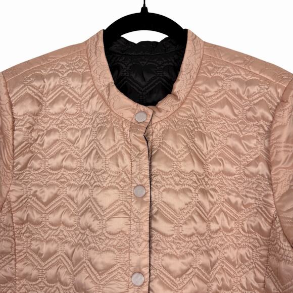 KATE SPADE Reversible Quilted Heart Satin Black Pink Ruffle Hem Jacket Coat M - Picture 8 of 16